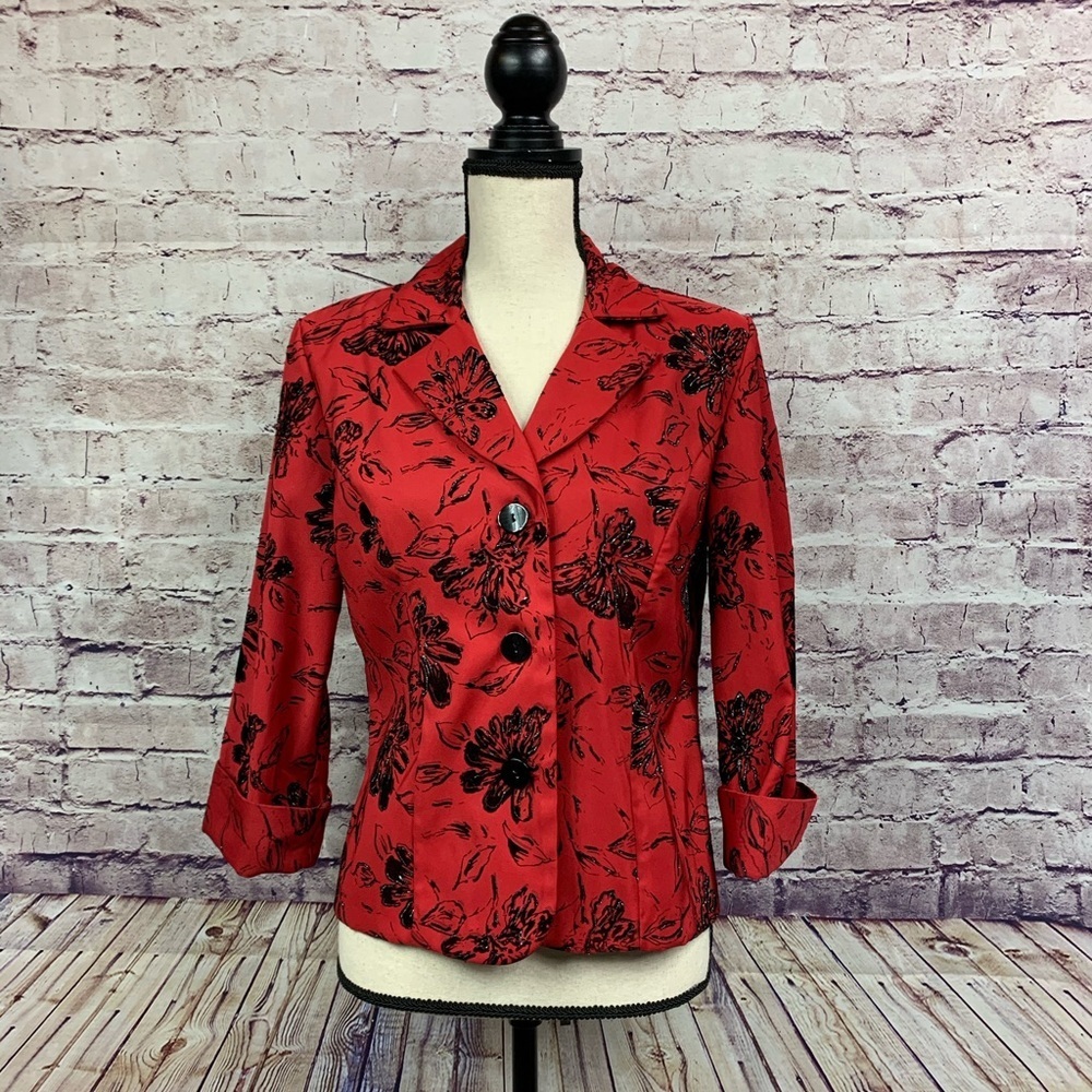 Dress Barn Red Floral Metalic Lined Jacket